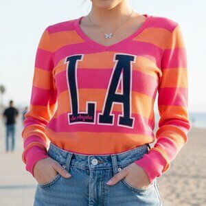VTG Y2K Old Navy LA Pink Orange Striped Long Sleeve Knit Top S Streetwear Sporty
